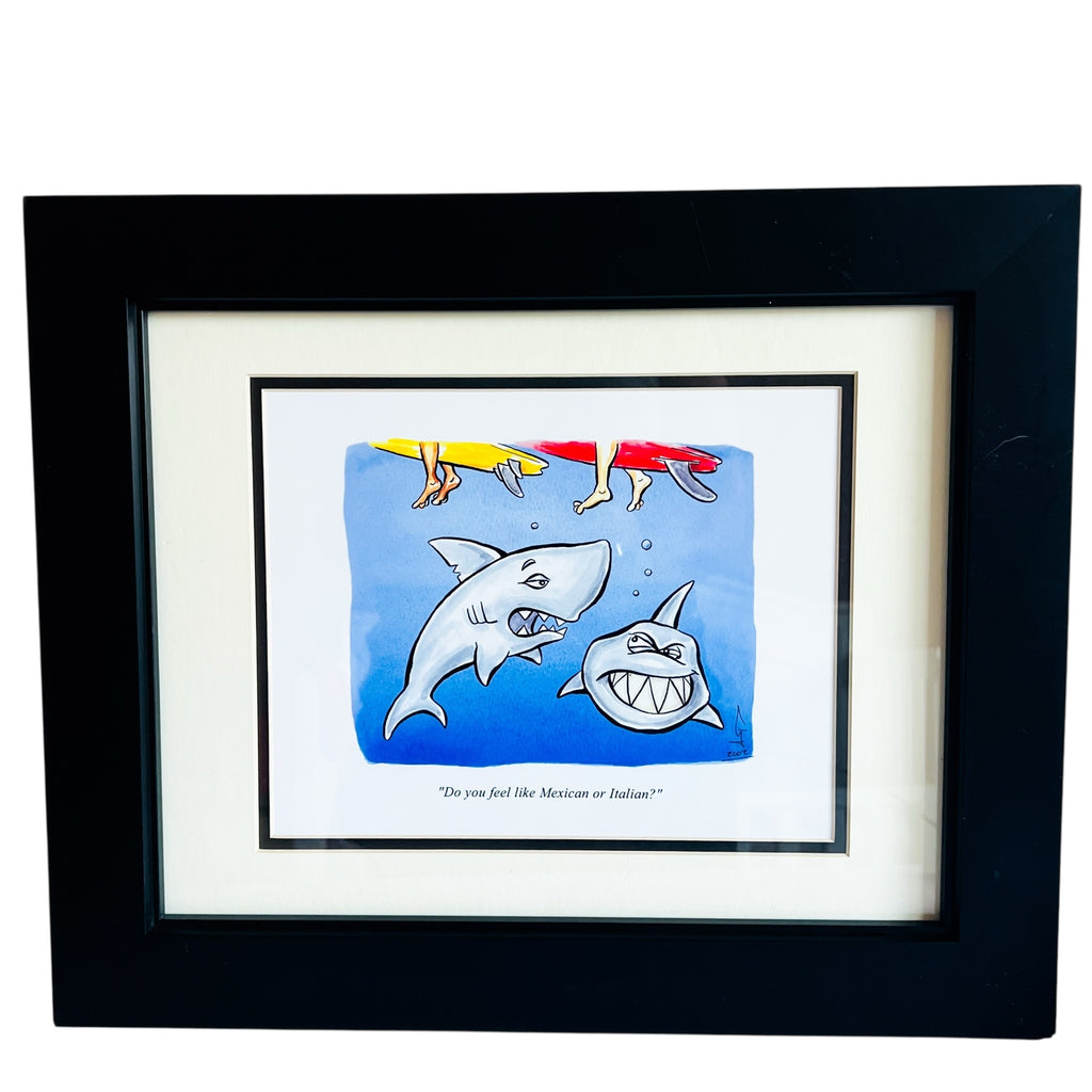 Vintage Framed Shark Cartoon Signed Art Print