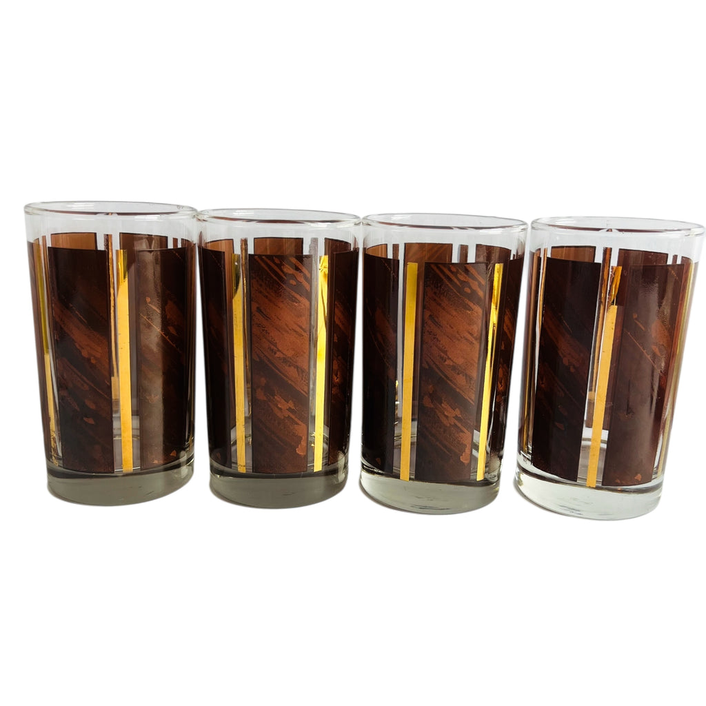 Vintage Libbey Brown Wood Grain Gold Stripe Drinking Glasses Set Of 4