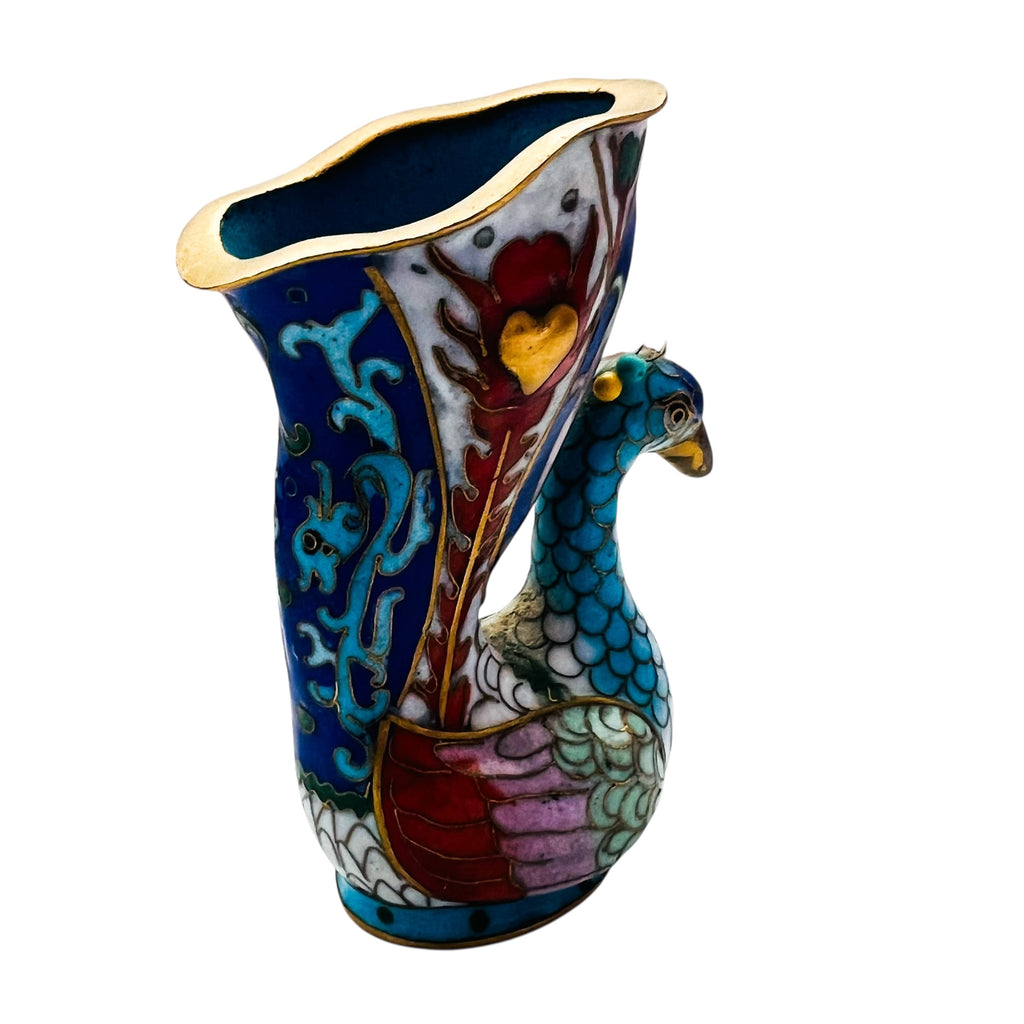 Vintage Cloisonne Copper Enamel Peacock Figurine Vase