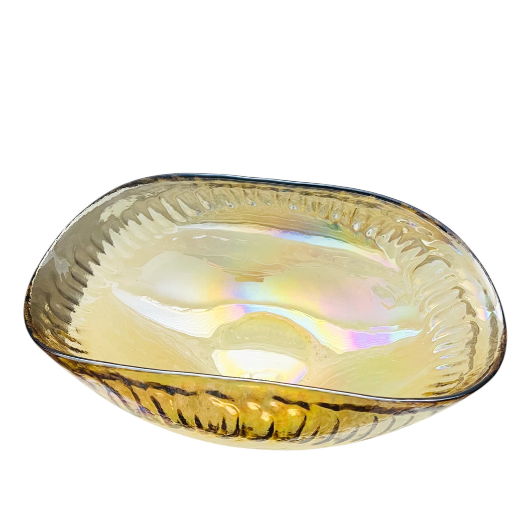 Vintage Yalos Casa Murano Iridescent Gold Art Glass Centerpiece Folded Bowl