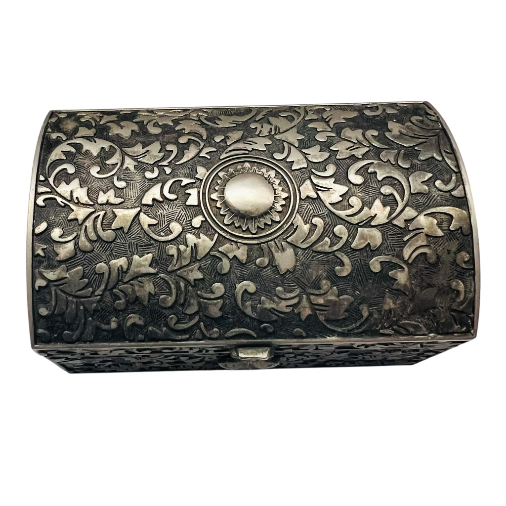 Vintage Silver Plated Embossed Botanical Jewelry Red Velvet Interior Hinged Box