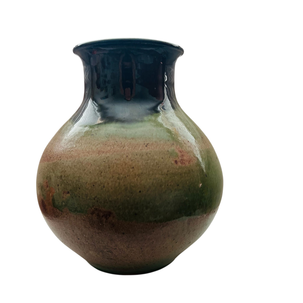 Vintage Art Pottery Signed Swanson Green Brown Glaze Vase