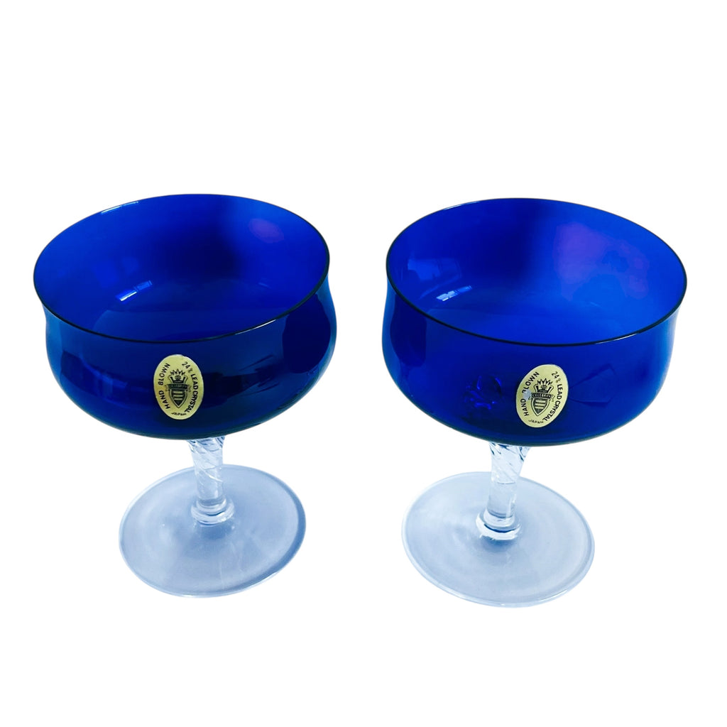 Vintage Celebrity Hand Blown Japan Cobalt Blue Sherbert Glasses Stemware Set of 2