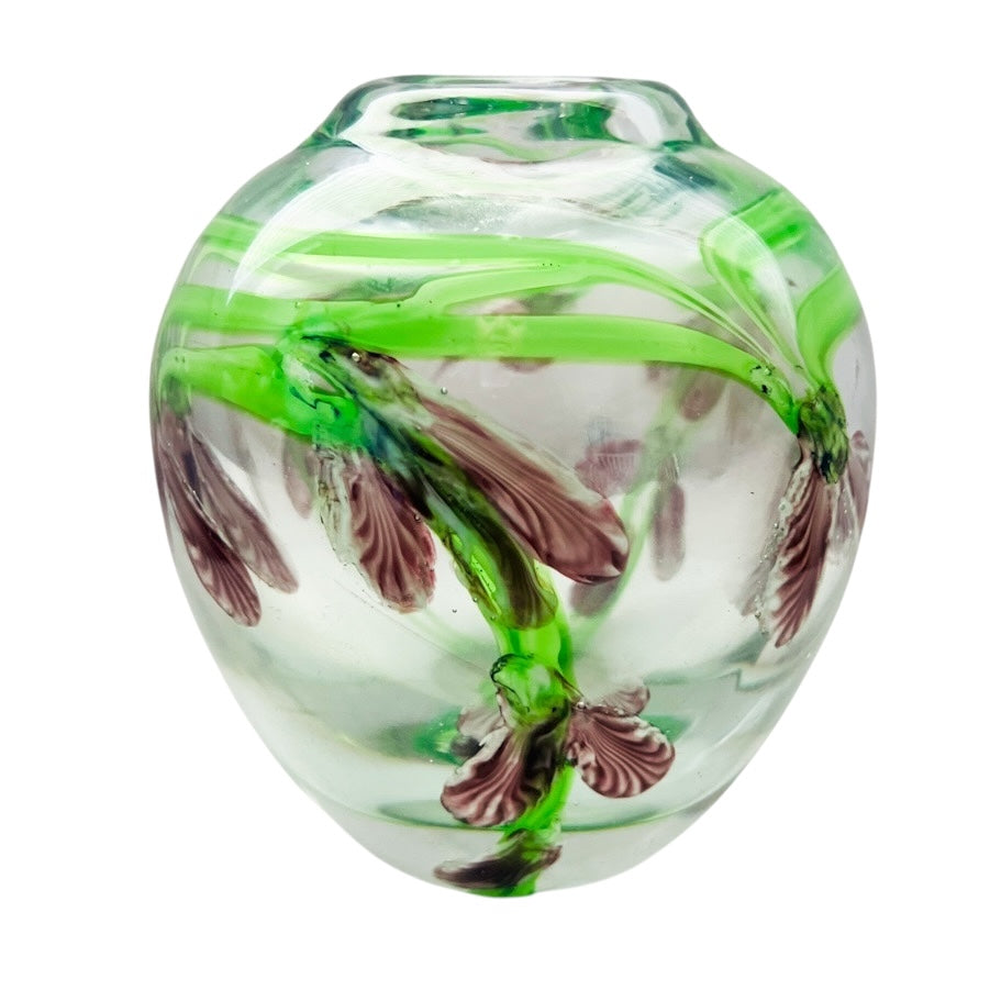 Vintage Daniel Salazar Purple Iris Blossom Florals Art Glass Cased Vase