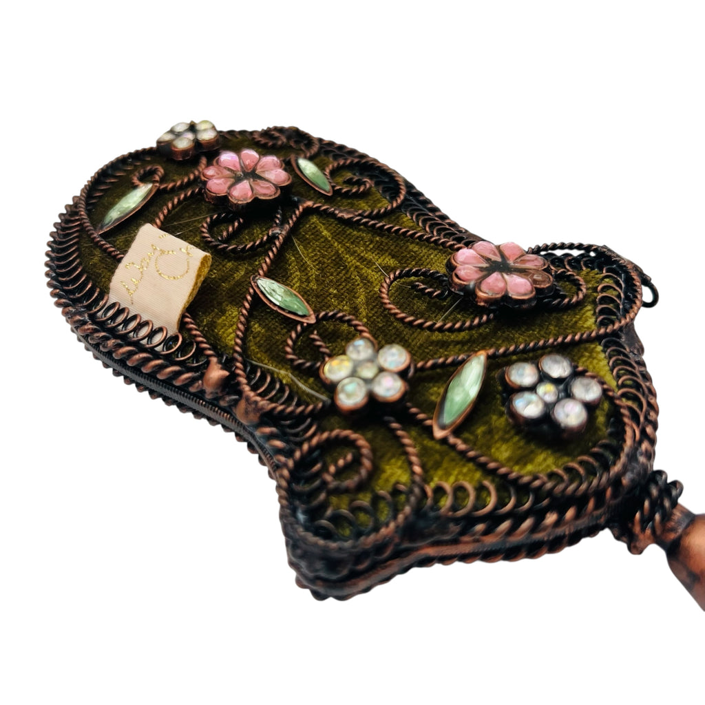 Vintage Wayne M. Kelski Embroidered Handheld Mirror with Floral Design