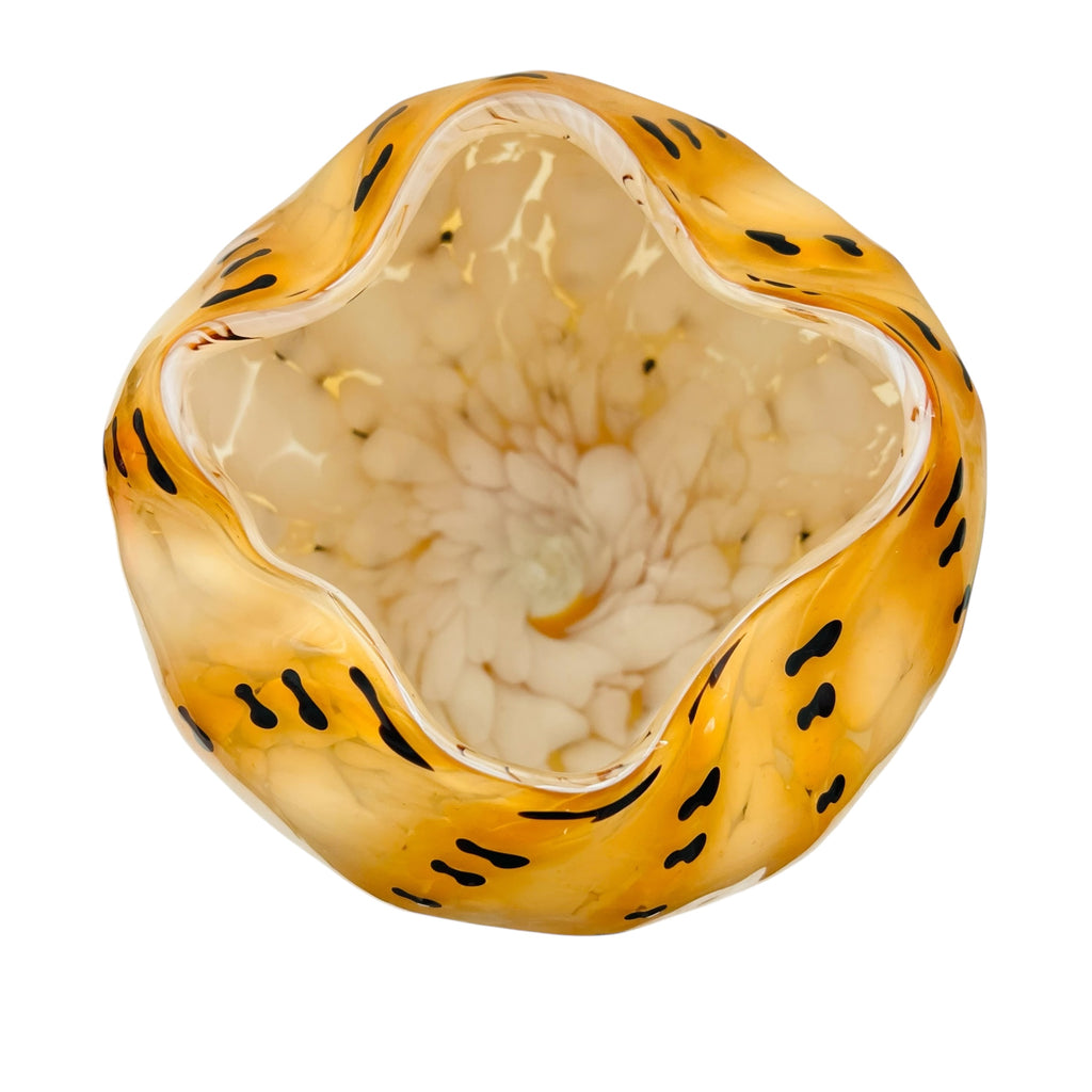 Vintage Cased Studio Art Amber Glass Pinched Rim Vase