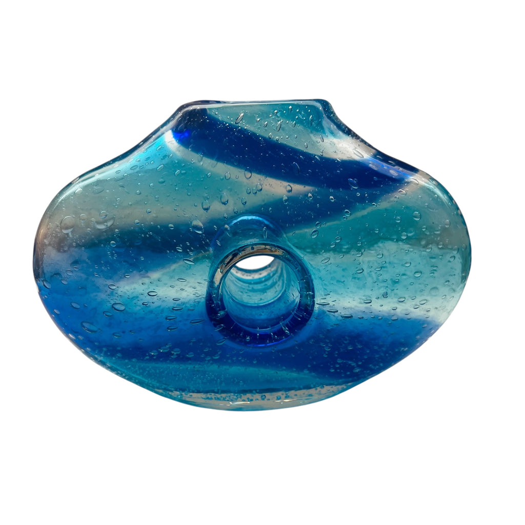 Vintage Hand Blown Art Glass Blue Donut Hole Vase