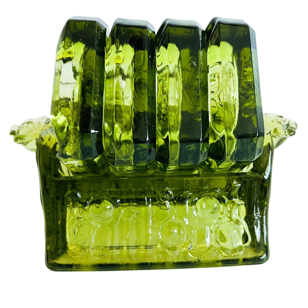 Vintage Fenton Green Glass Rose Flower Design Square Ashtray Set