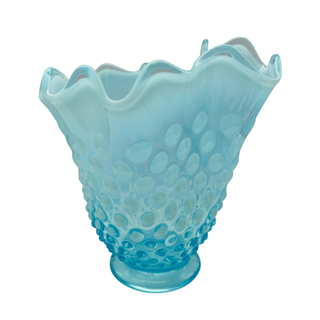 Vintage Fenton Opalescent Aqua Hobnail Ruffled Glass Vase
