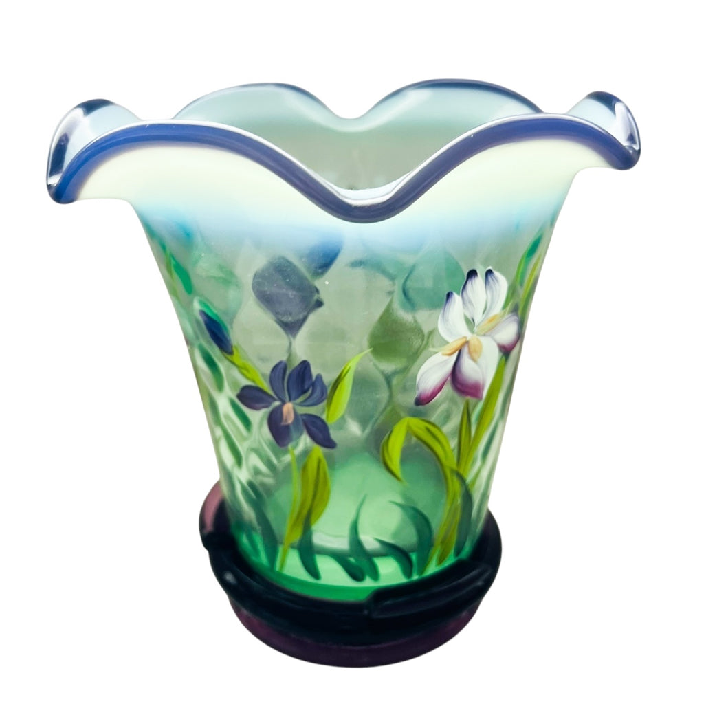 Fenton Hand Painted Floral Flip Vase Opalescent Optic Green Vase with Stand