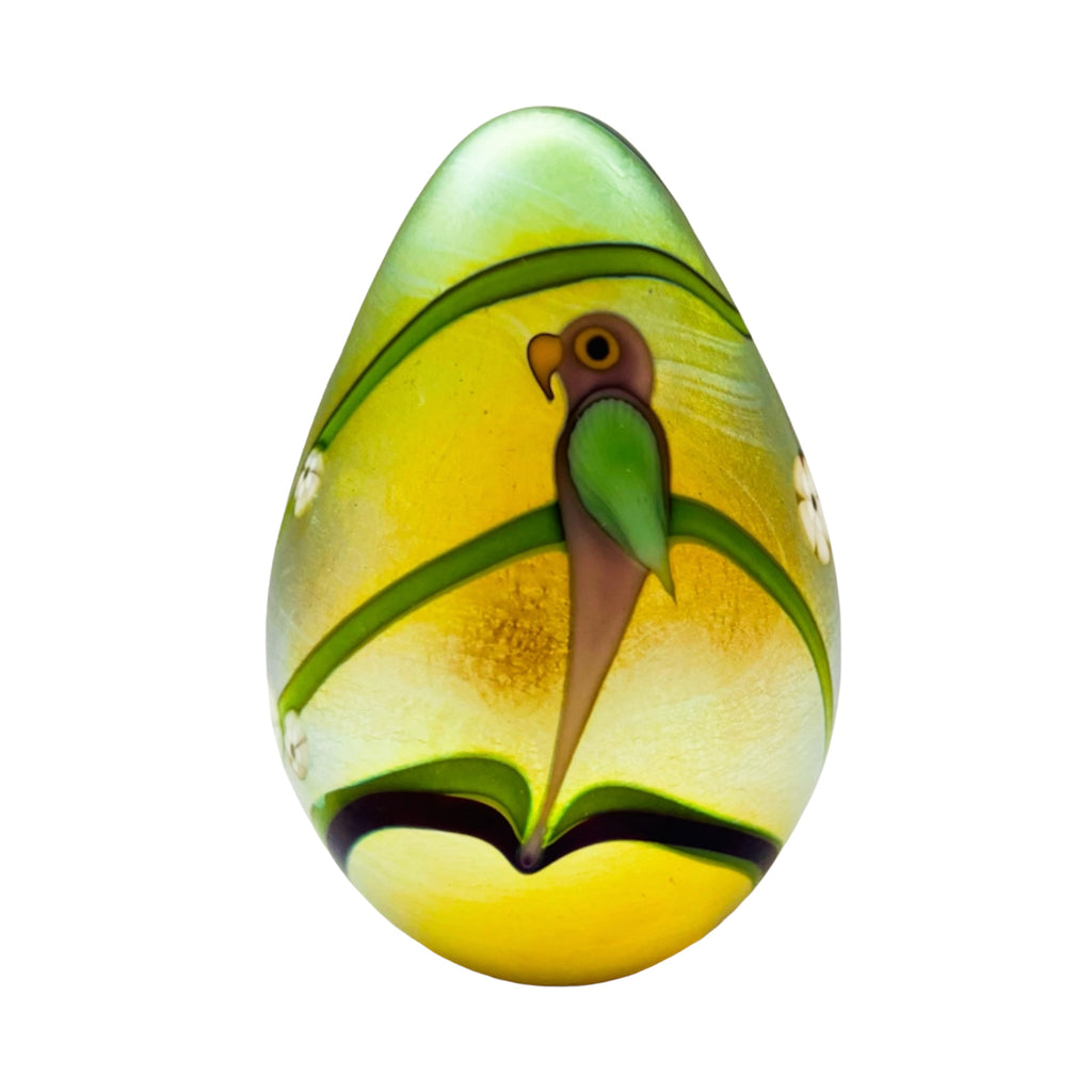 Orient & Flume Bird & Flowers Egg Shape Gold Art Glass Signed Paperweight