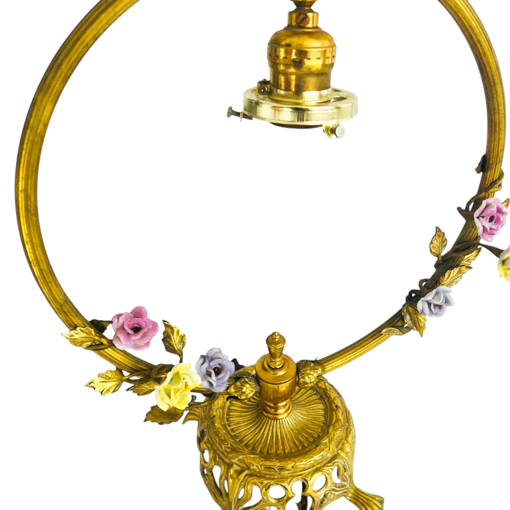 Vintage French Ormolu Porcelain Flowers Tole Toleware Boudoir Gold Circle Lamp