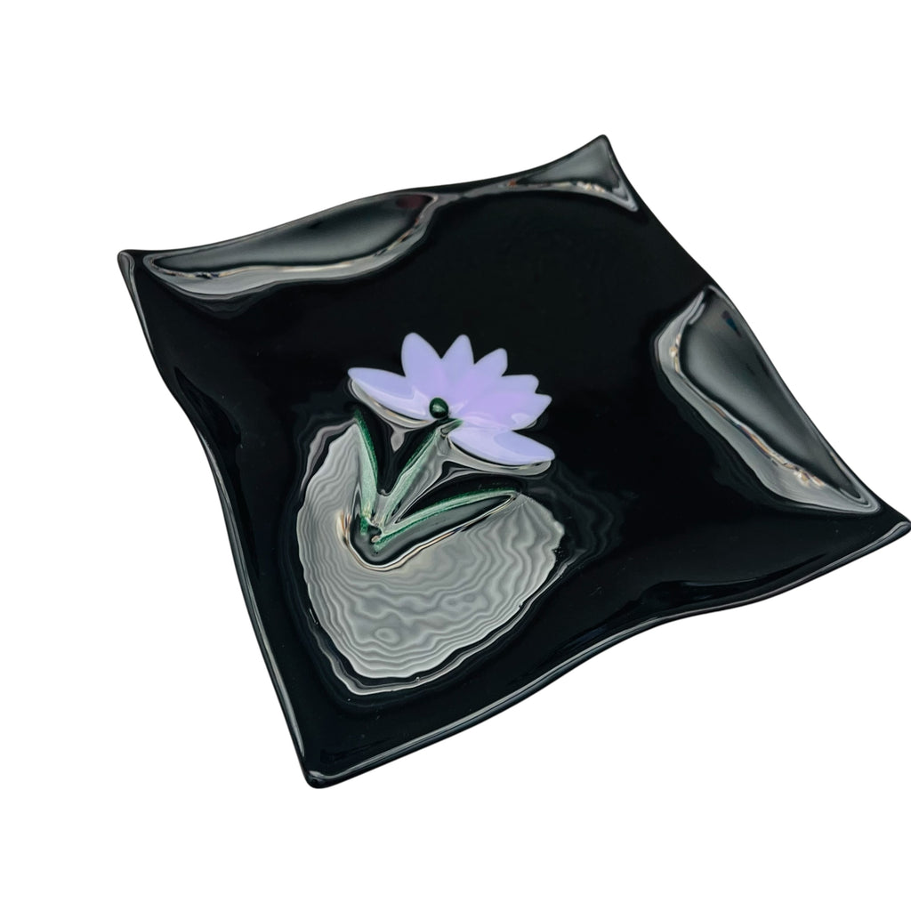 Vintage Fused Black Glass Tray Plate with Purple Flower Design