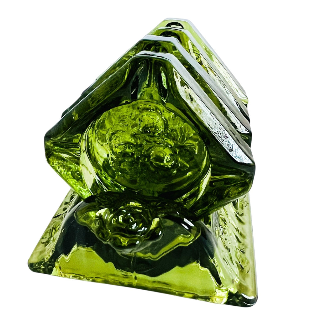 Vintage Fenton Green Glass Rose Flower Design Square Ashtray Set