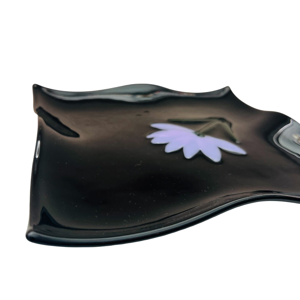 Vintage Fused Black Glass Tray Plate with Purple Flower Design
