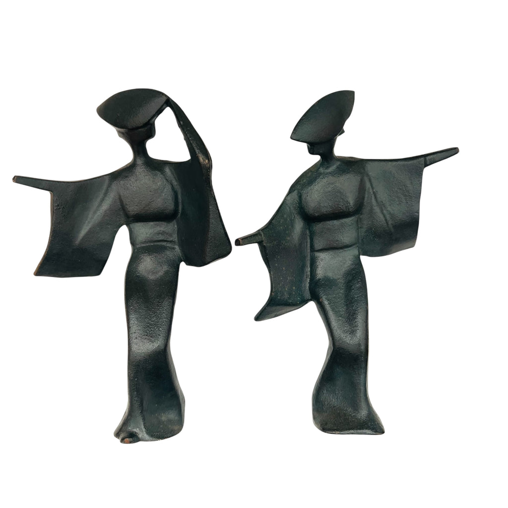 Vintage Japanese Cast Iron Mid Century JAPAN Statue Figurines Set of 2