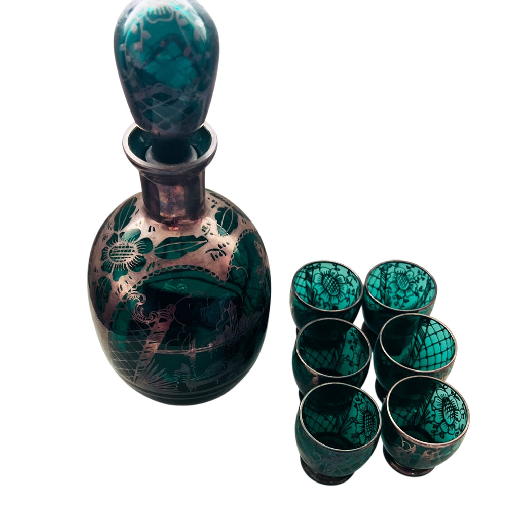 Vintage Emerald Glass Decanter & Silver Overlay 6 Glasses Set