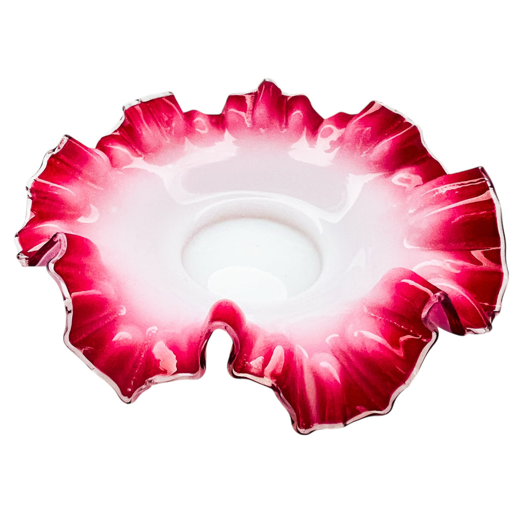 Vintage Fenton Ruffled Crimped Brides Basket Pink Ombre Milk Glass Bowl