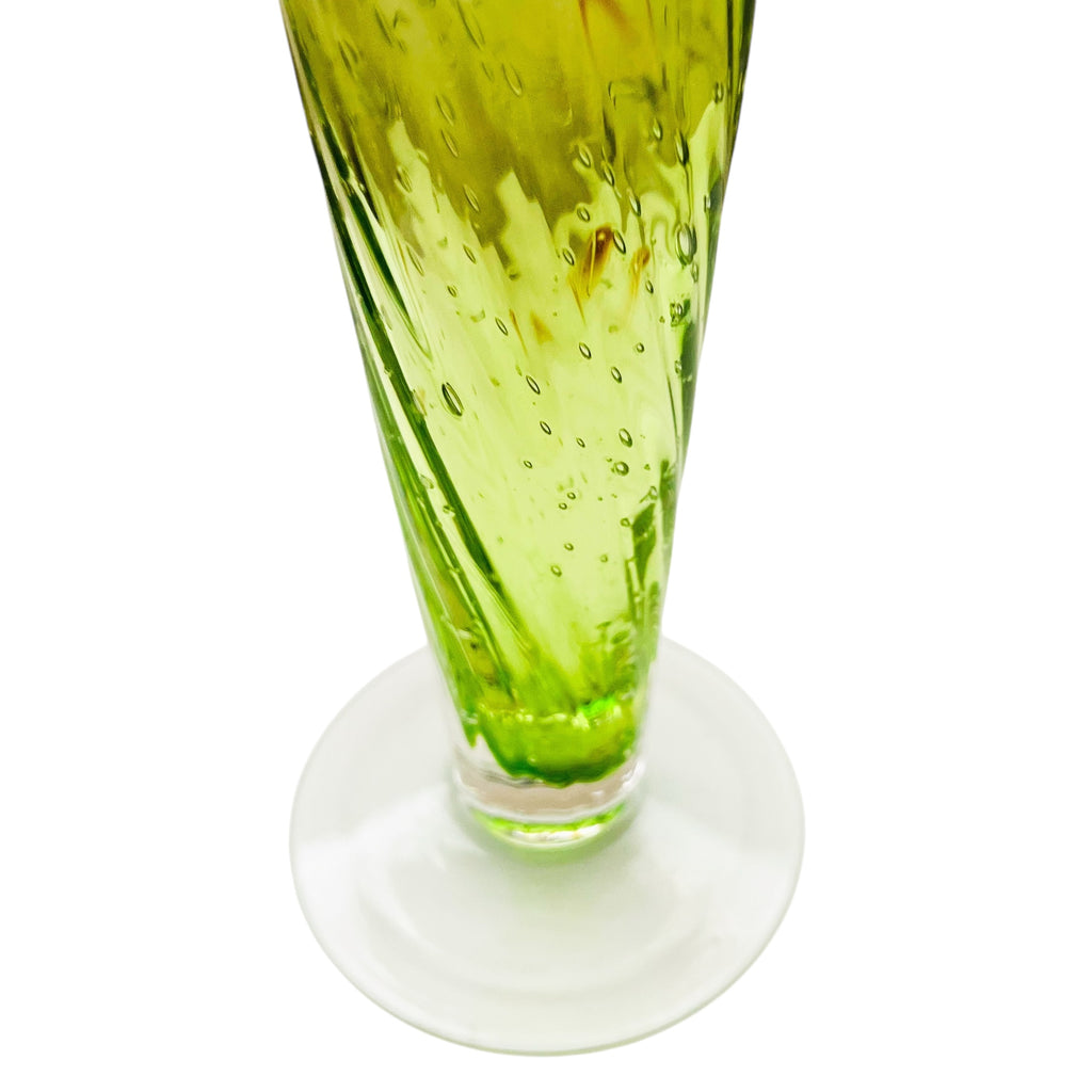 Vintage Ruffle Edge Bubble Green Clear Footed Art Glass Vase