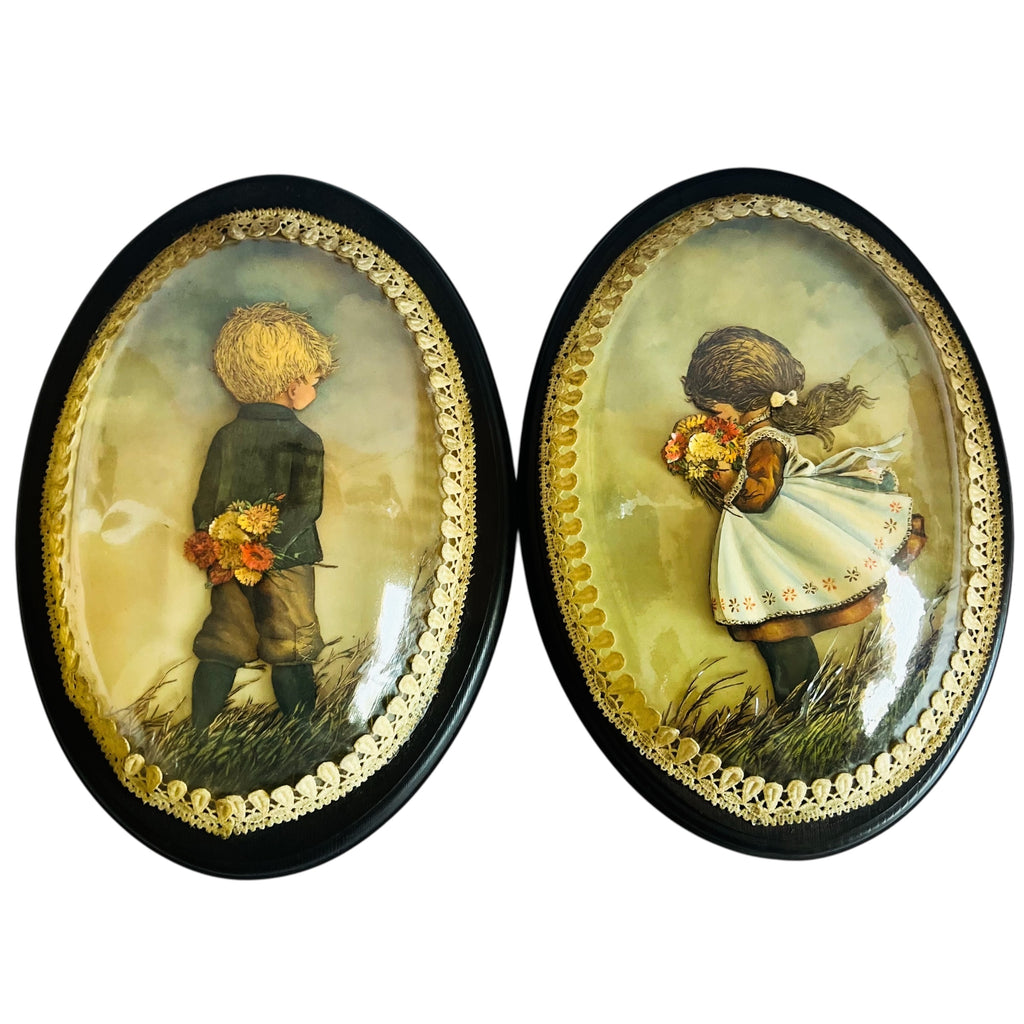 Vintage Boy Girl Oval Plastic Bubble Dome Wall Hangings