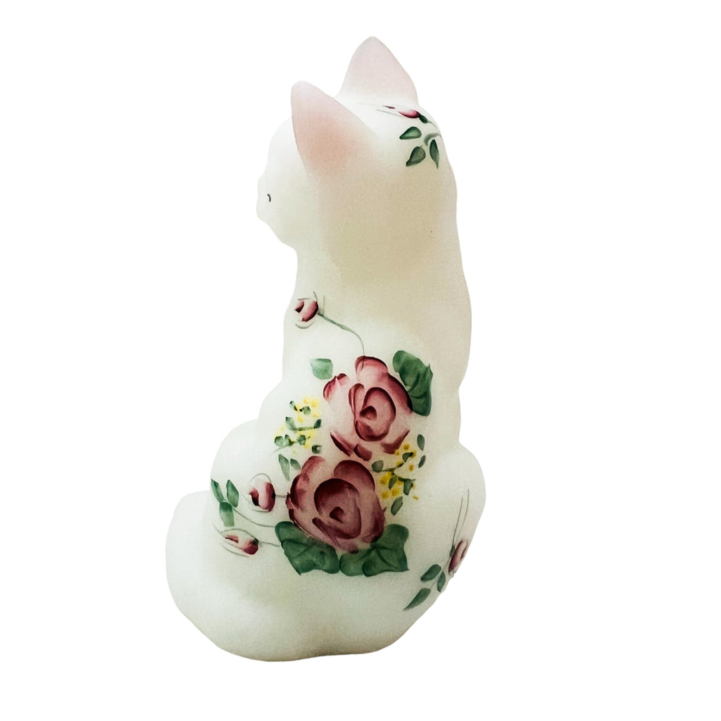Vintage Fenton Rose Garden Cat Hand Painted Signed Figurine