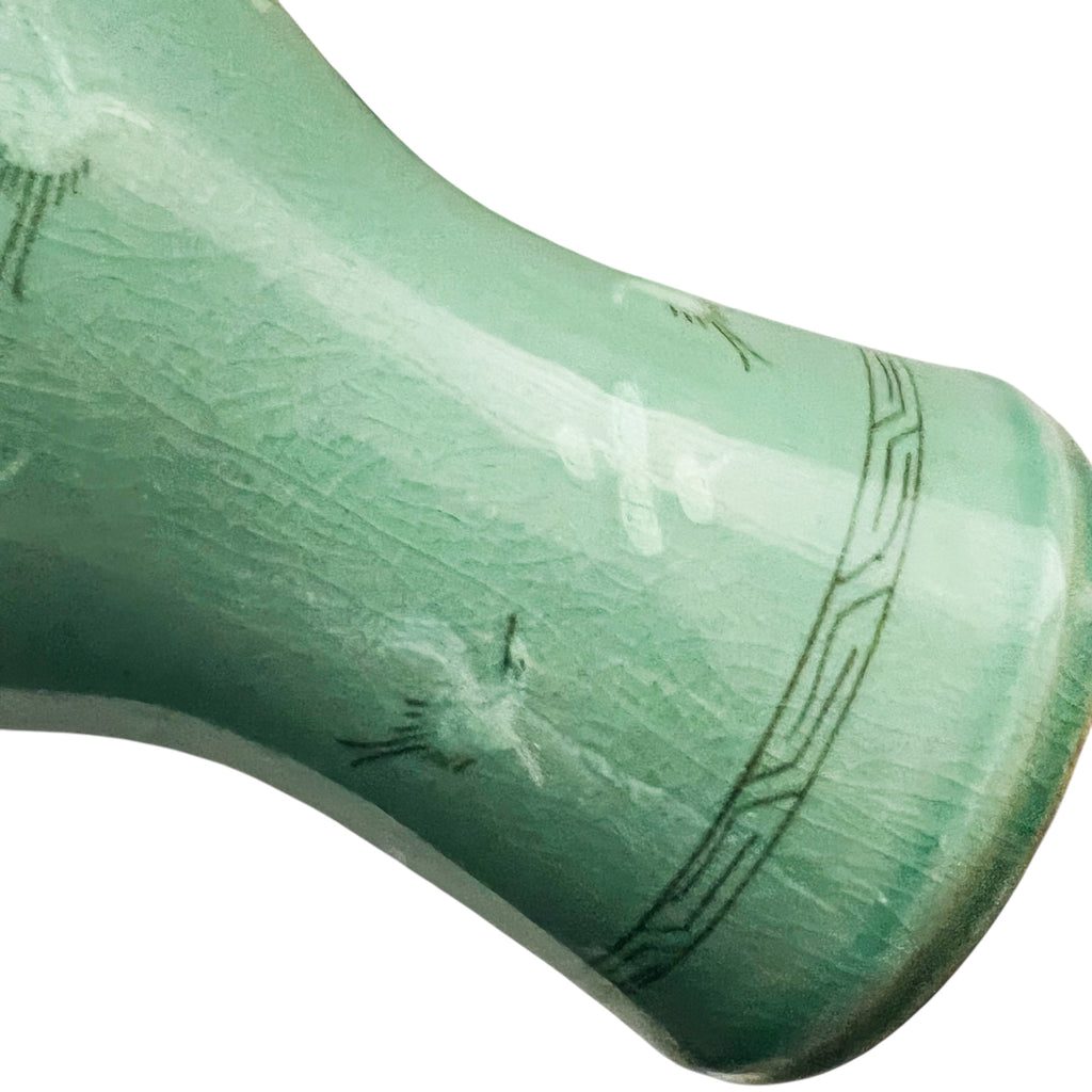Korean Celadon Ceramic Green Crackle Glazed Signed Stamped Vase with Cranes