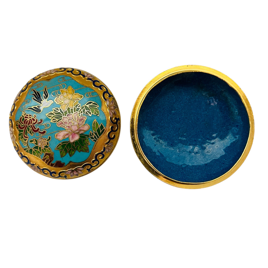 Vintage Cloisonné Gold Bird Floral Flowers Lidded Trinket