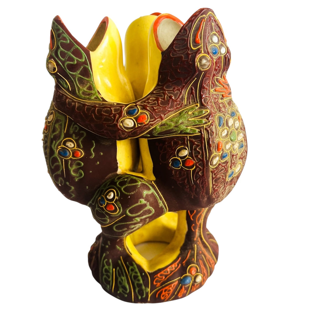 Vintage Japan Dancing Frogs Trio Ceramic Hugging Singing Floral Design Vase