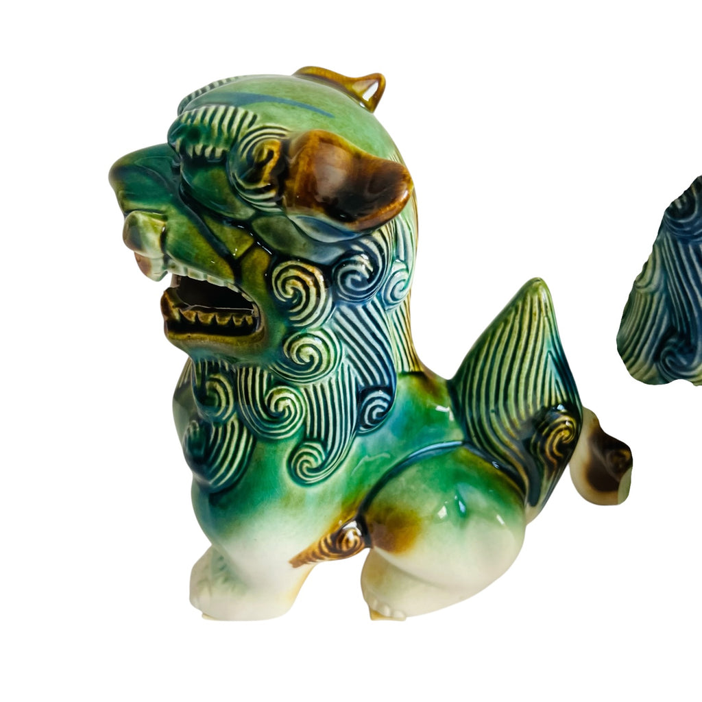 Vintage Green Ceramic Foo Dog Statues - Pair