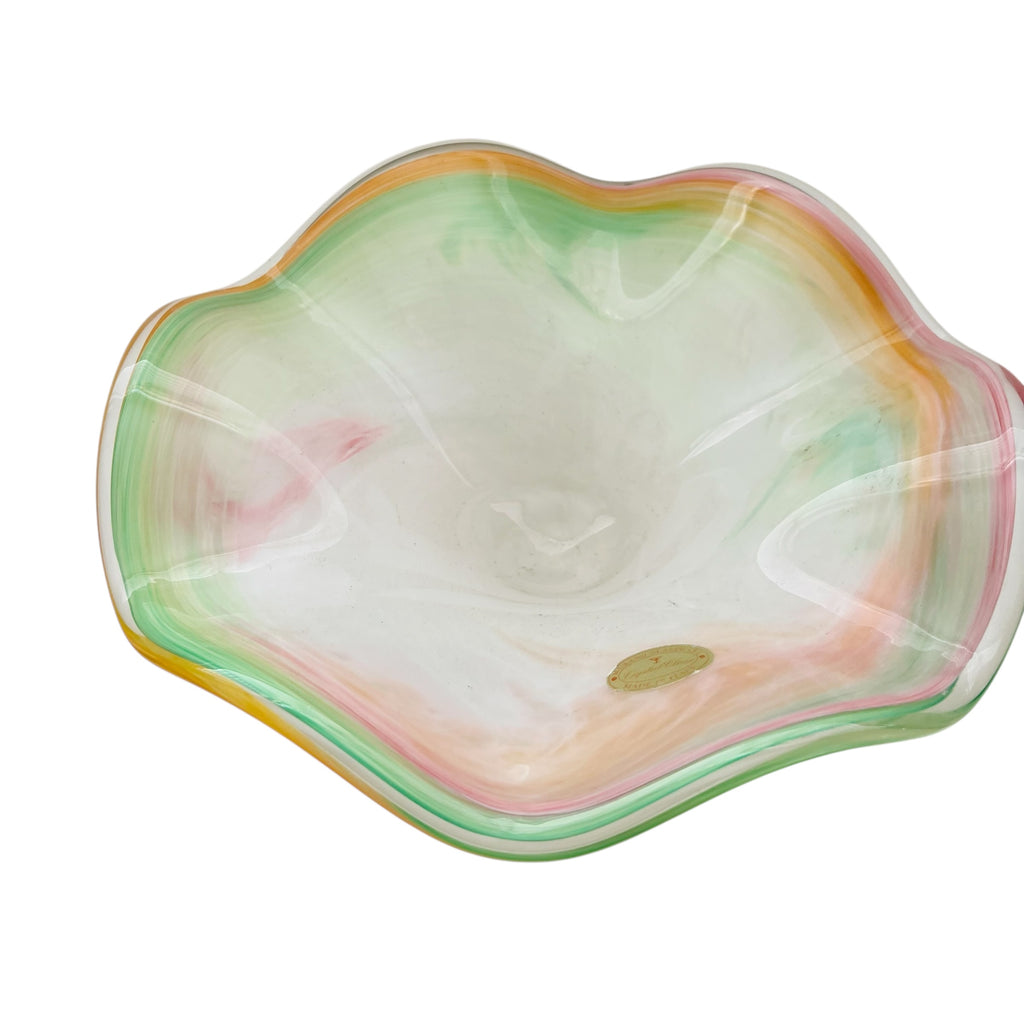 Vintage Murano Art Glass Ruffle Edge Multi Coloured Italian Bowl