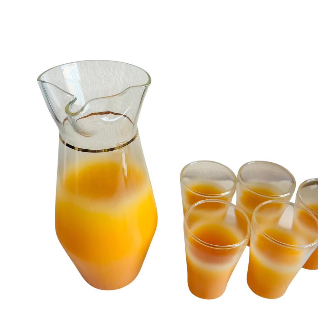 Vintage MCM Blendo Frosted Orange Glass Pitcher & 5 Juice Glasses Gold Trim Set