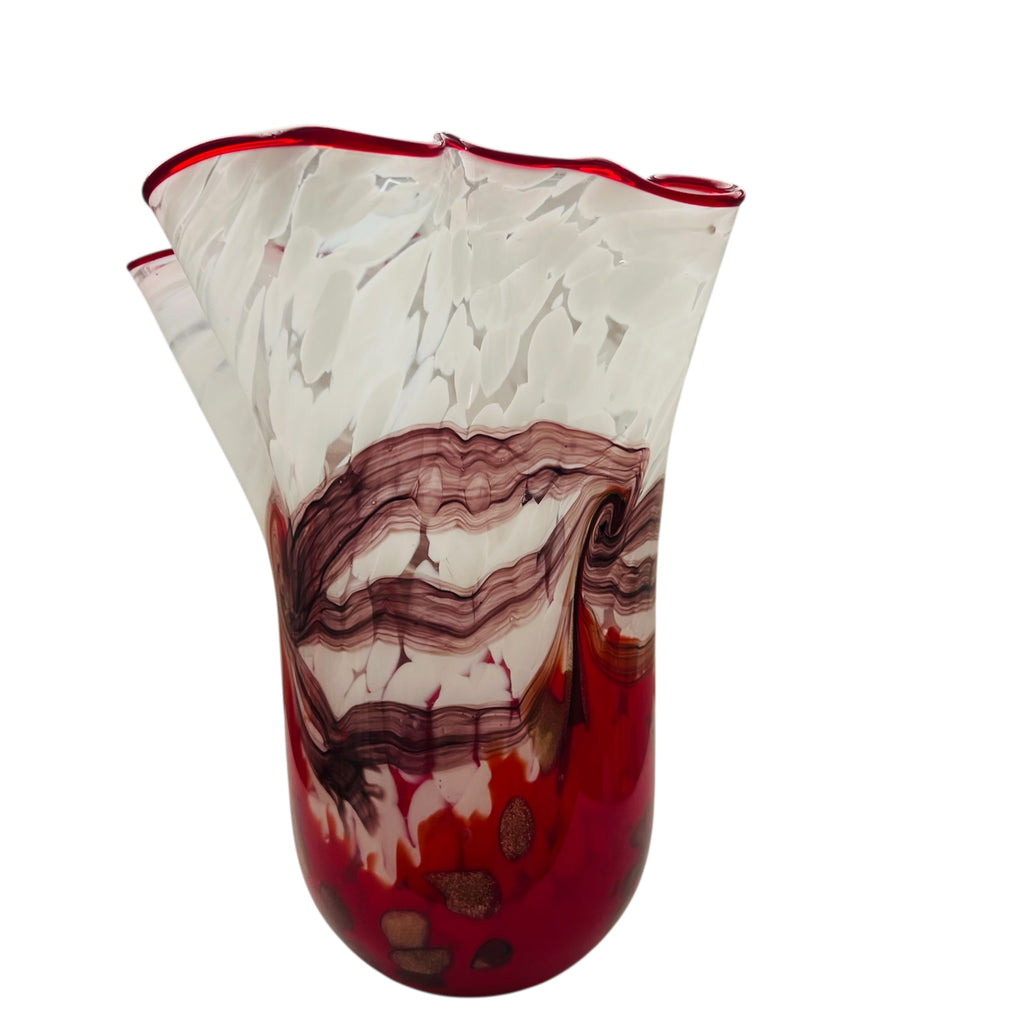 Vintage Art Red Glass Red and White Gold Swirled Ruffle Vase