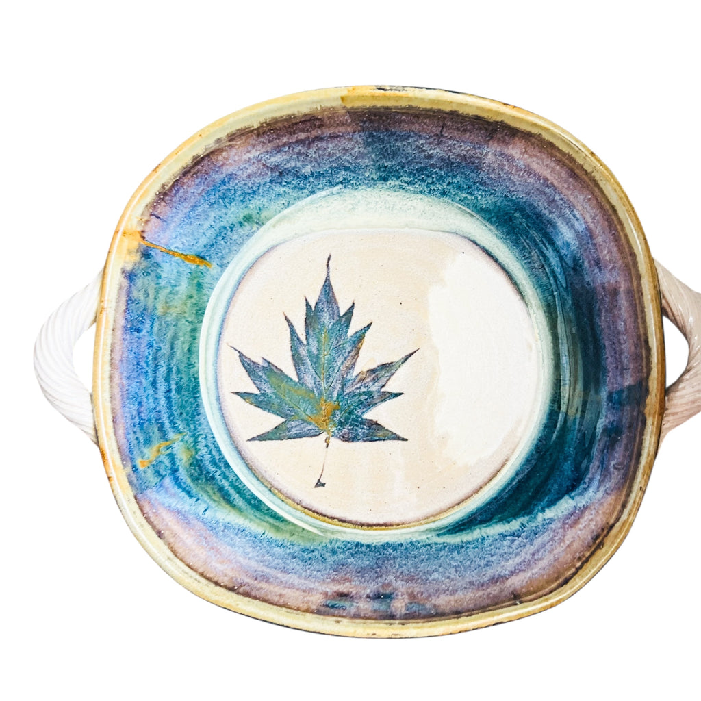 Artist Signed Handmade Purple Blue Hemp Leaf Design Serving Plate with Handles