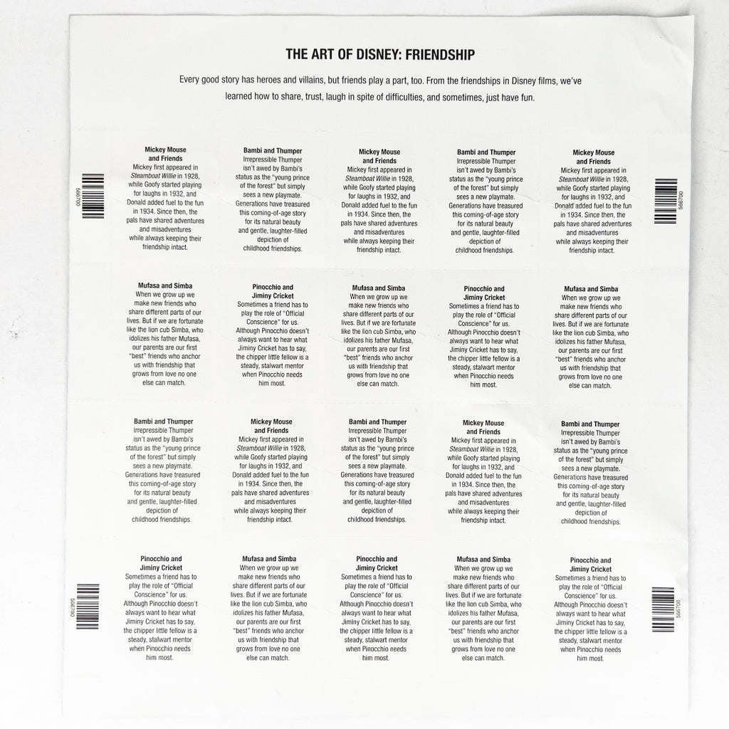USPS The Art of Disney Friendship, (Goofy, Mickey Mouse, Donald Duck, Bambi, Thumper, Mufasa, Simba, Jiminy Cricket, Pinocchio) Sheet of 20 | 37 Cent Postage Stamps