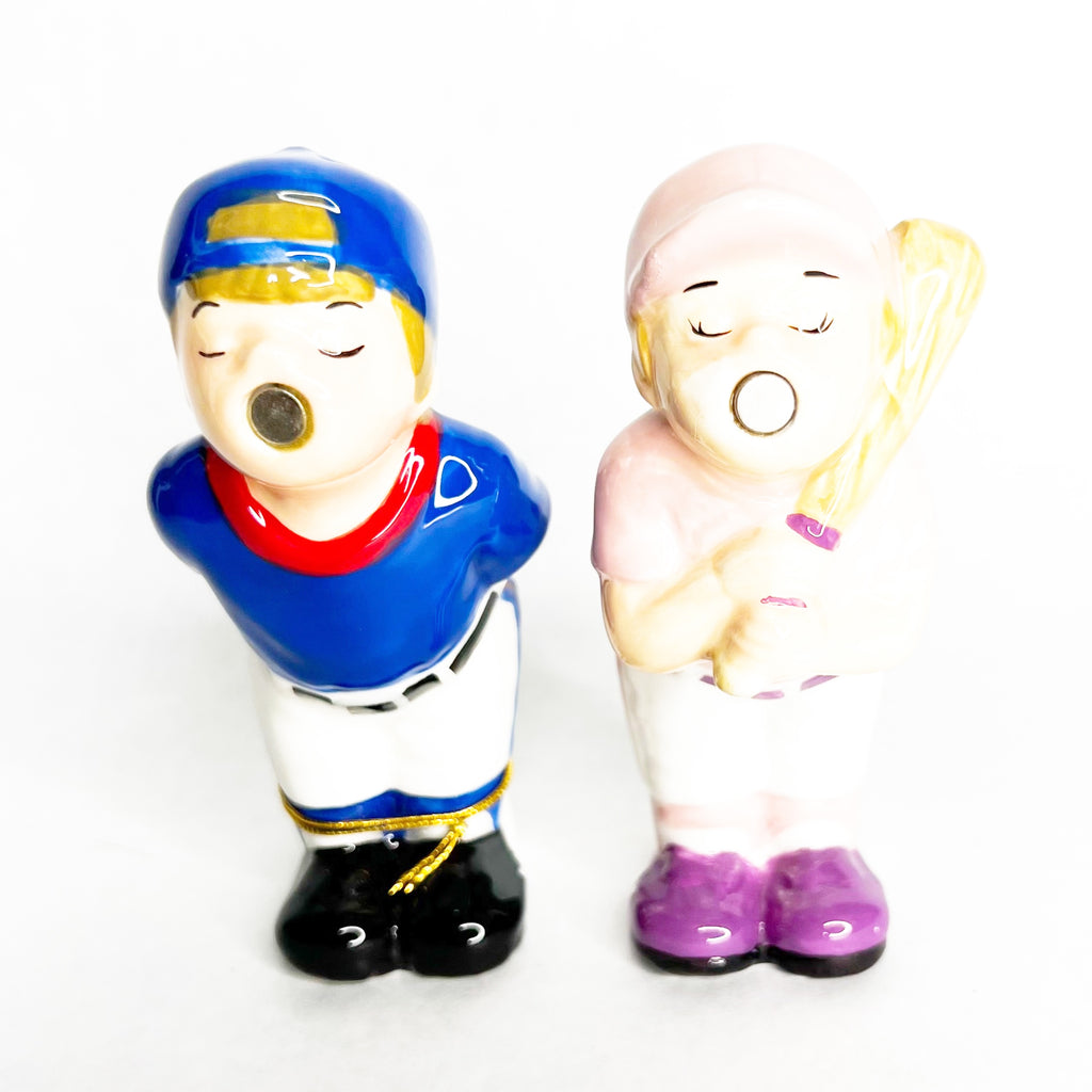 Mwah Salt and Pepper Shakers Ceramic Kissing Boy Girl Baseball Magnetic Westland