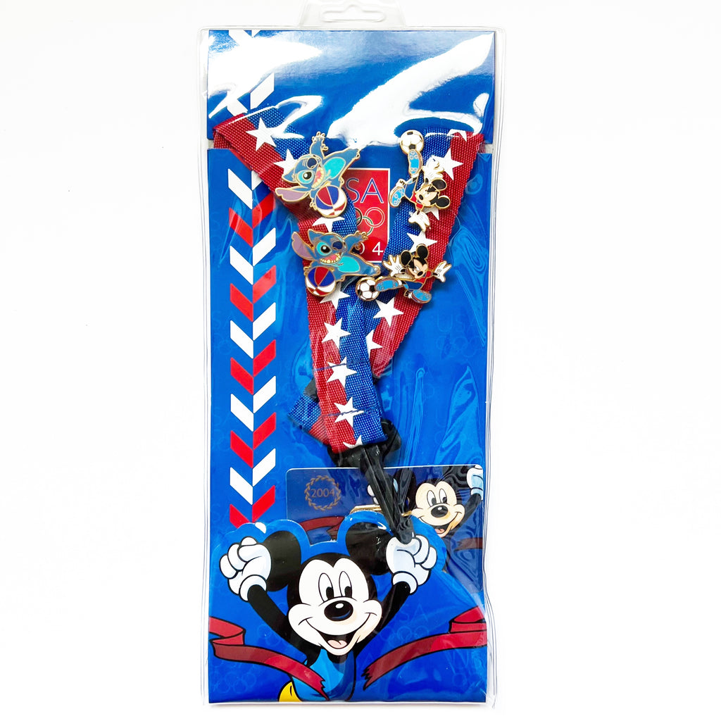 Disney USA Olympics Mickey Mouse Stitch Lanyard Pin Set
