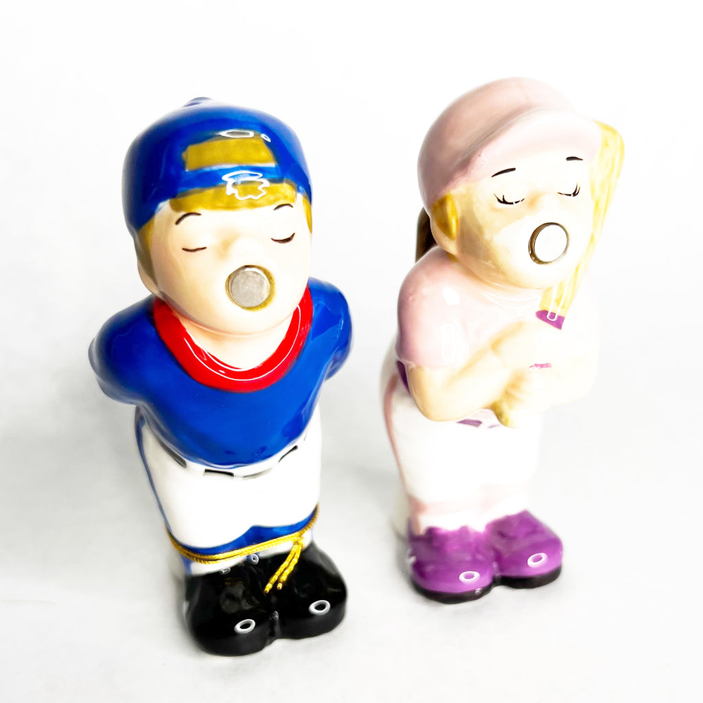 Mwah Salt and Pepper Shakers Ceramic Kissing Boy Girl Baseball Magnetic Westland