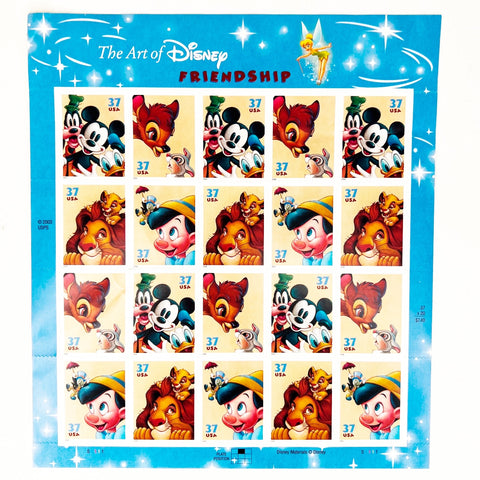 USPS The Art of Disney Friendship, (Goofy, Mickey Mouse, Donald Duck, Bambi, Thumper, Mufasa, Simba, Jiminy Cricket, Pinocchio) Sheet of 20 | 37 Cent Postage Stamps