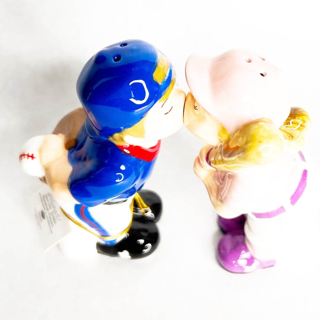 Mwah Salt and Pepper Shakers Ceramic Kissing Boy Girl Baseball Magnetic Westland