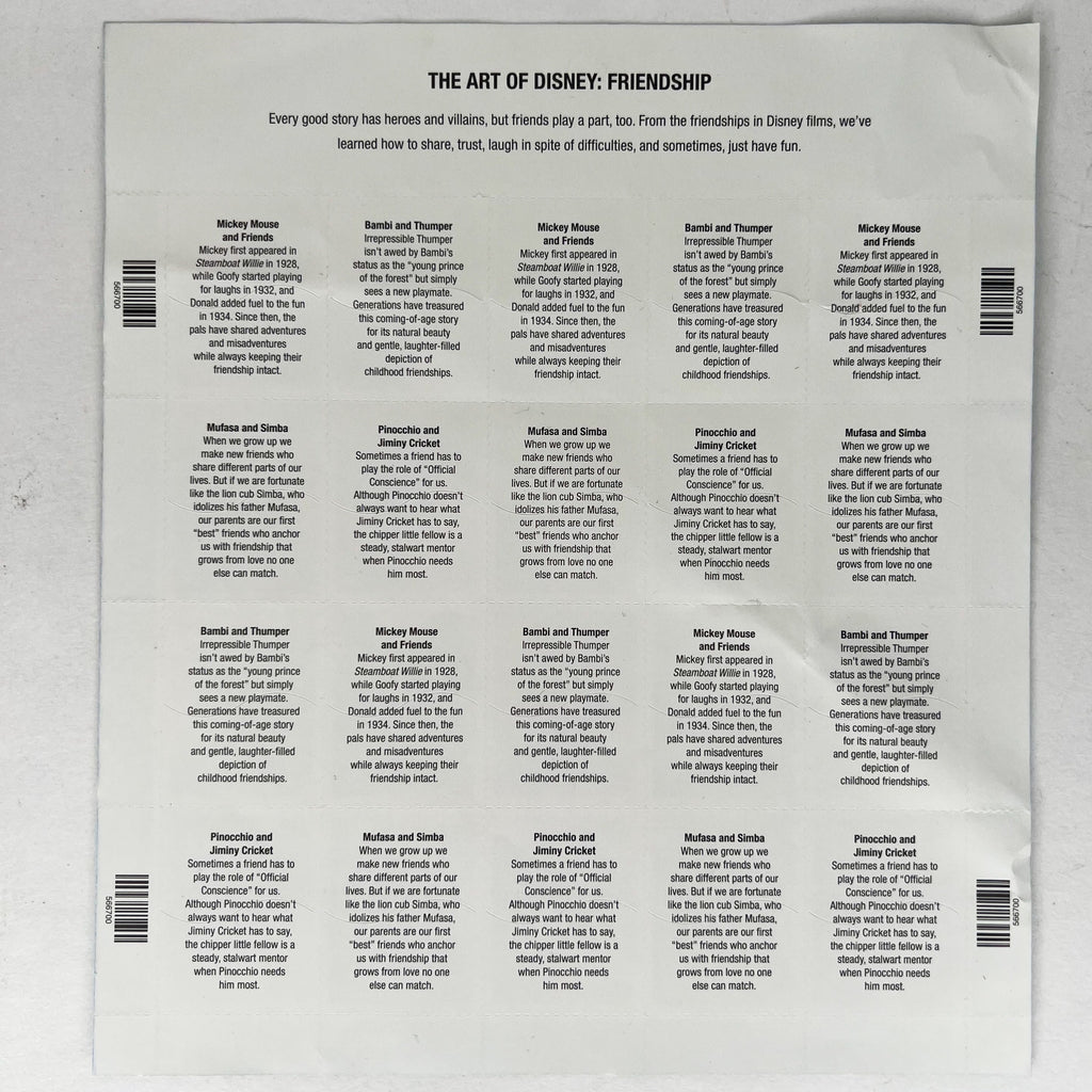 USPS The Art of Disney Friendship, (Goofy, Mickey Mouse, Donald Duck, Bambi, Thumper, Mufasa, Simba, Jiminy Cricket, Pinocchio) Sheet of 20 | 37 Cent Postage Stamps