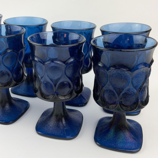 Vintage 70's Noritake Spotlight Blue Streamware Wine Glasses Goblets Set of 8