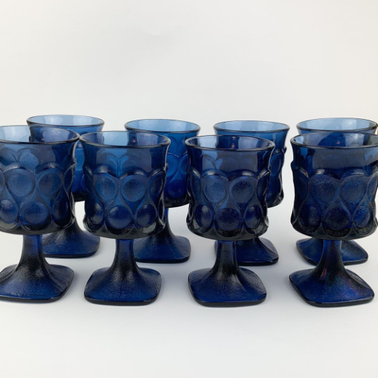 Vintage 70's Noritake Spotlight Blue Streamware Wine Glasses Goblets Set of 8