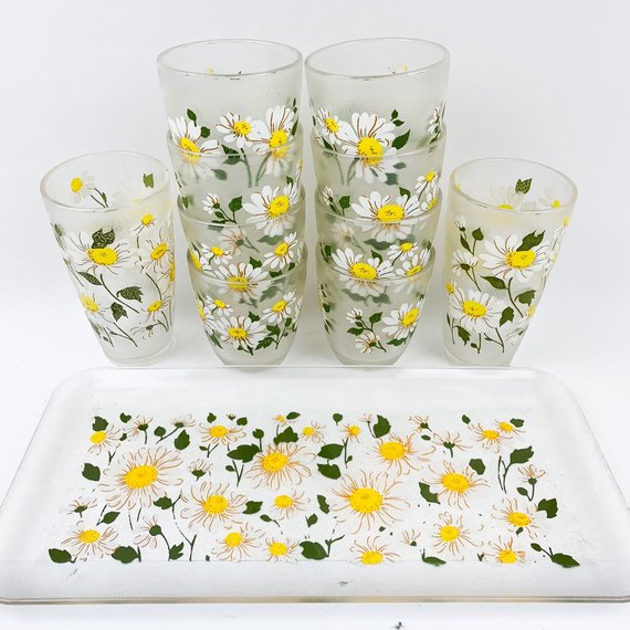 Vintage H. J Stotter Frosted Plastic Floral Glasses Tumbler Plate Tray Daisy Pattern Mid Century