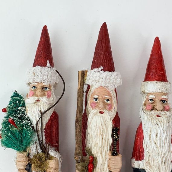 Vintage Pencil Santa Christmas Decoration Holly Tree Set of 4