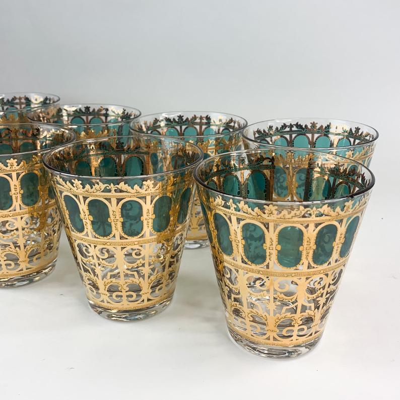 Vintage 1960's Mid Century Culver Emerald Scroll Double Old Fashion Glasses