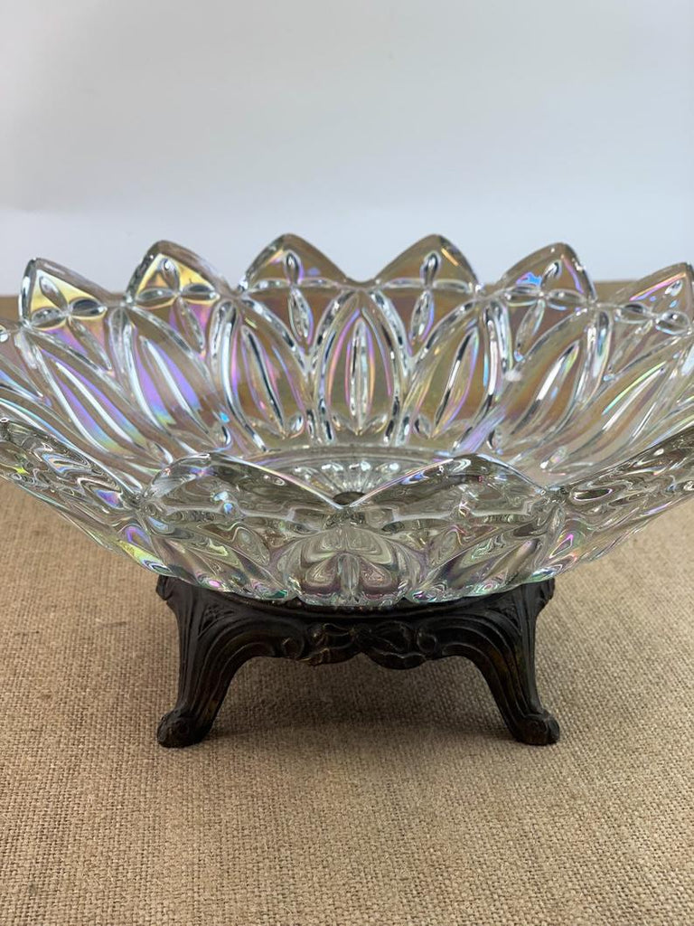 Vintage Iridescent Carnival Glass Bowl Petal Pattern w/ Metal Base