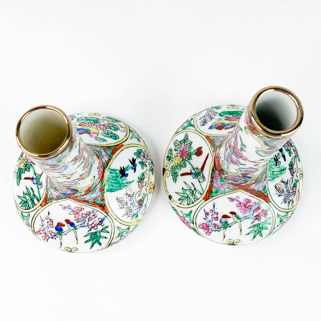 Pair China Chinese Porcelain Rose Bud Bird Heart Pattern Vases