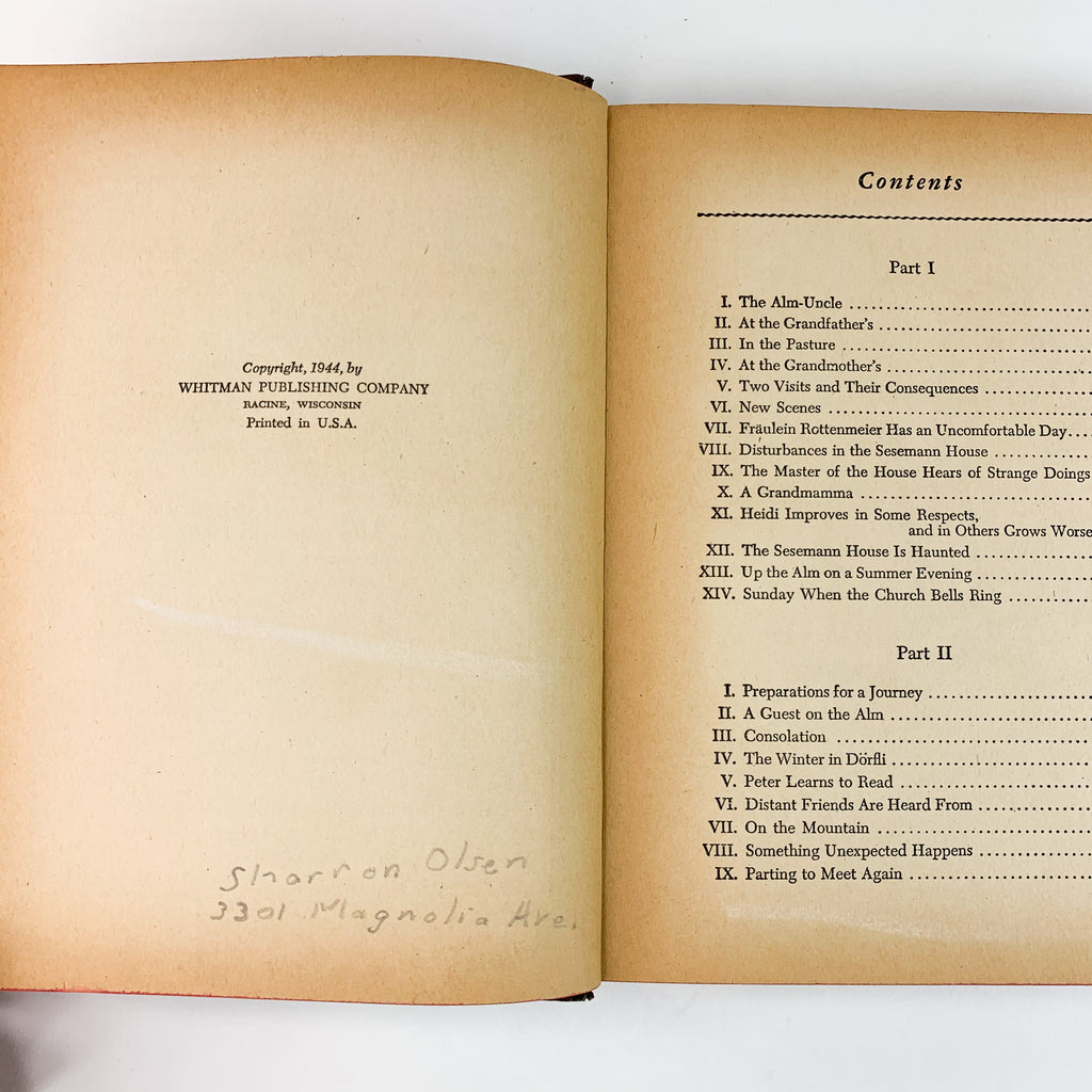 Heidi By Johanna Spyri Hardcover Antique Book 1944