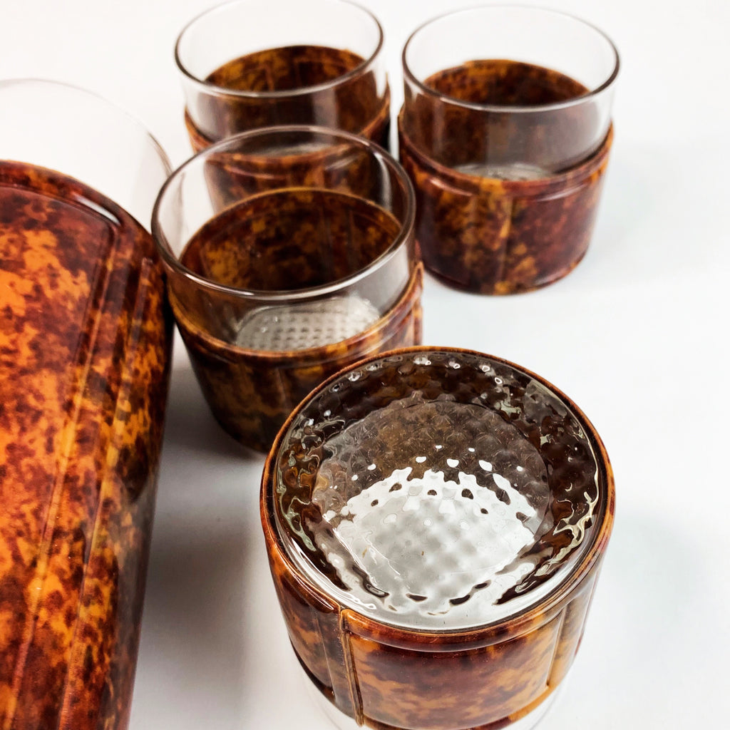 Vintage Tortoise Shell Padded Bar Rocks Glasses & Pitcher