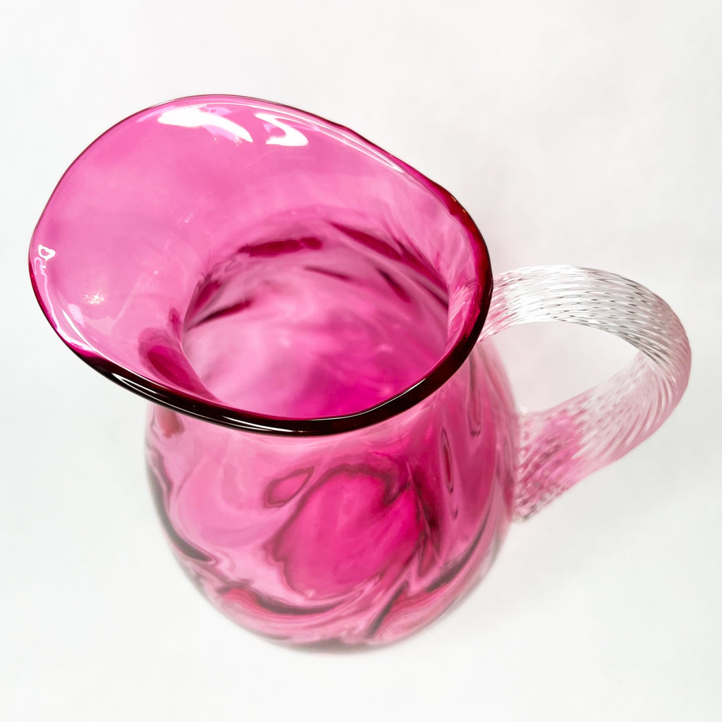 Vintage Cranberry Pink Pitcher with Applied Clear Glass Ribbed Handle.
